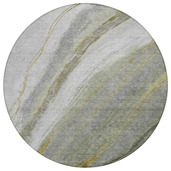 8' Artichoke Green And Gray Round Abstract Washable Indoor Outdoor Area Rug