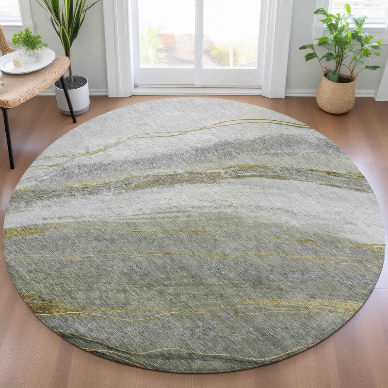 8' Artichoke Green And Gray Round Abstract Washable Indoor Outdoor Area Rug