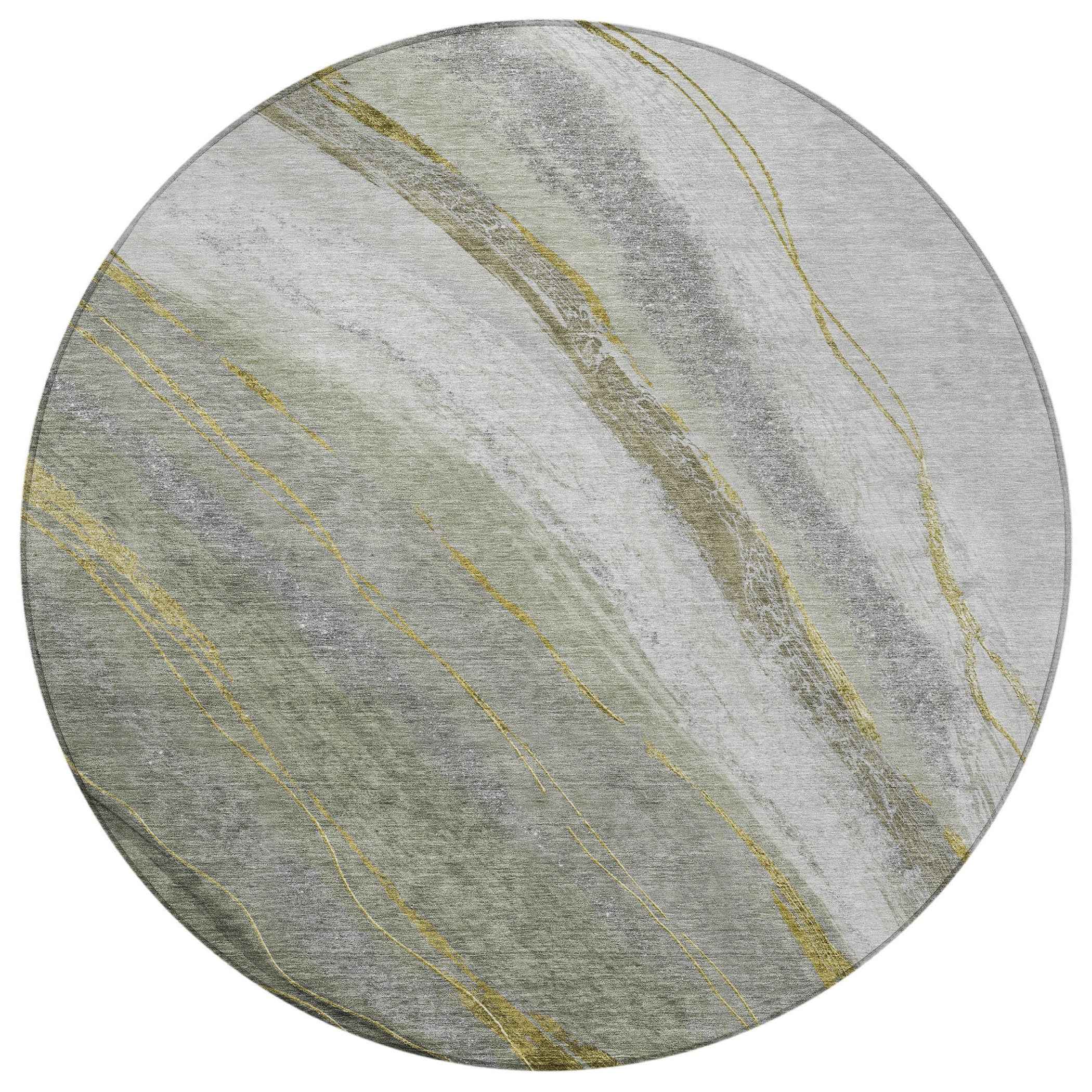 8' Artichoke Green And Gray Round Abstract Washable Indoor Outdoor Area Rug