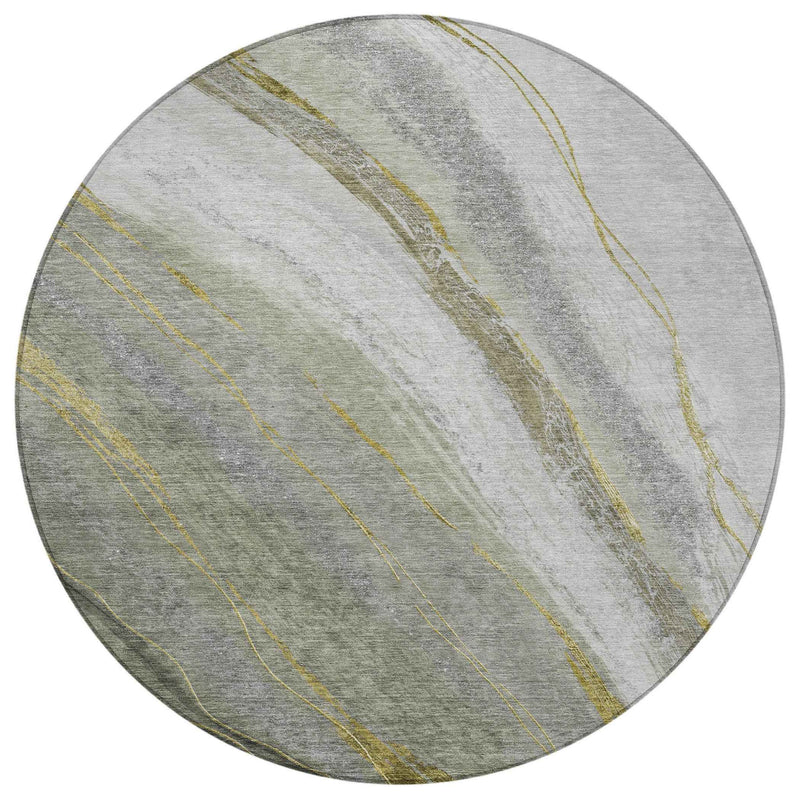 8' Artichoke Green And Gray Round Abstract Washable Indoor Outdoor Area Rug