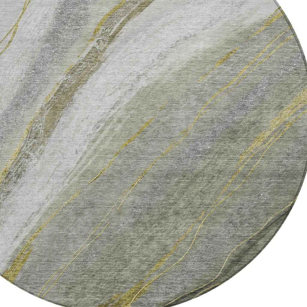 8' Artichoke Green And Gray Round Abstract Washable Indoor Outdoor Area Rug