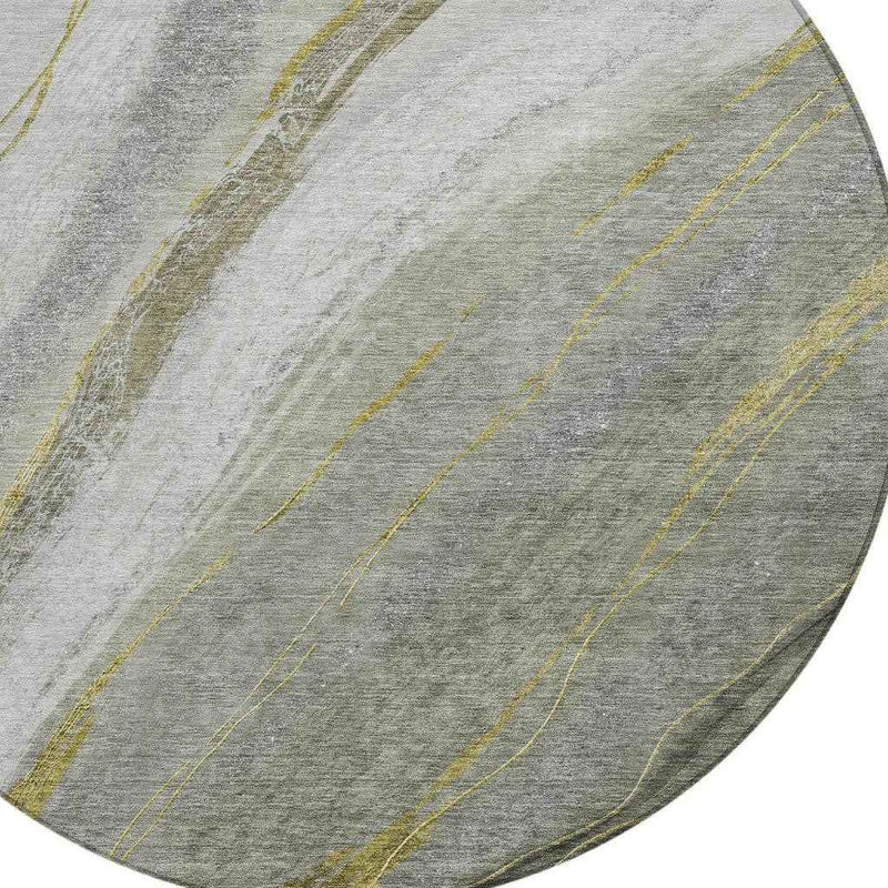 8' Artichoke Green And Gray Round Abstract Washable Indoor Outdoor Area Rug