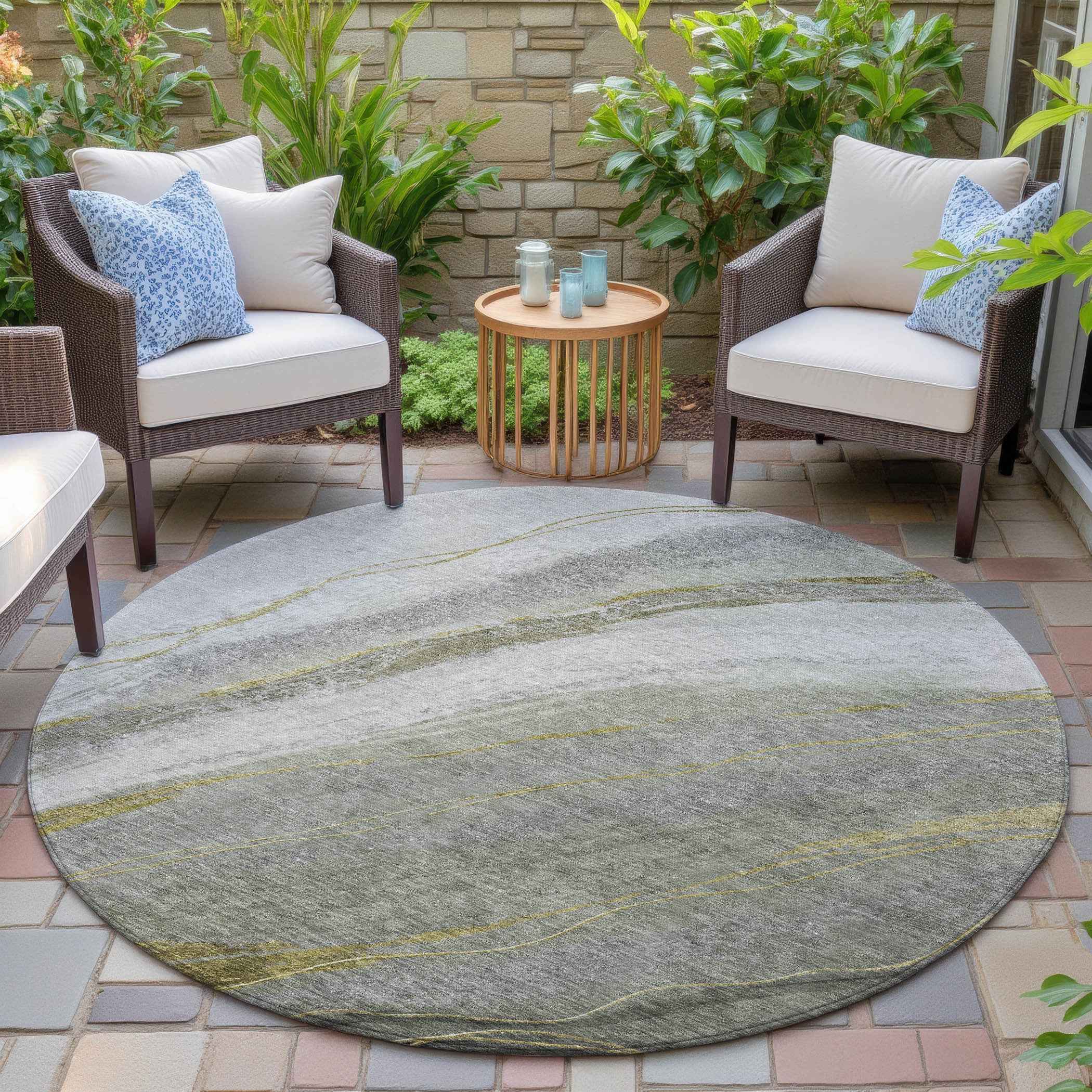 8' Artichoke Green And Gray Round Abstract Washable Indoor Outdoor Area Rug