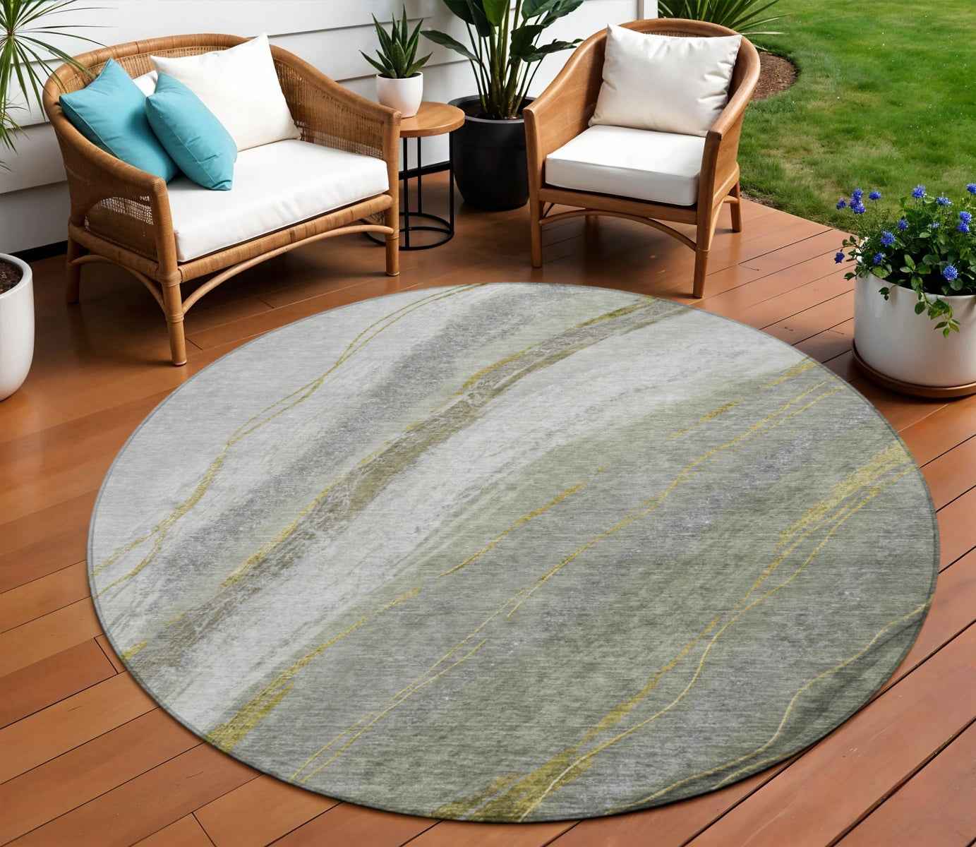 8' Artichoke Green And Gray Round Abstract Washable Indoor Outdoor Area Rug