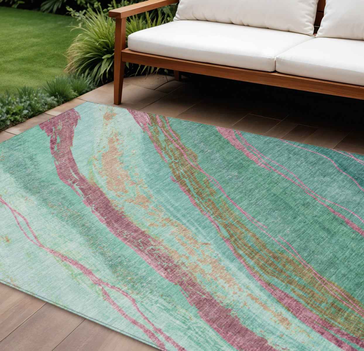 5' X 8' Green Blush And Peach Abstract Washable Indoor Outdoor Area Rug