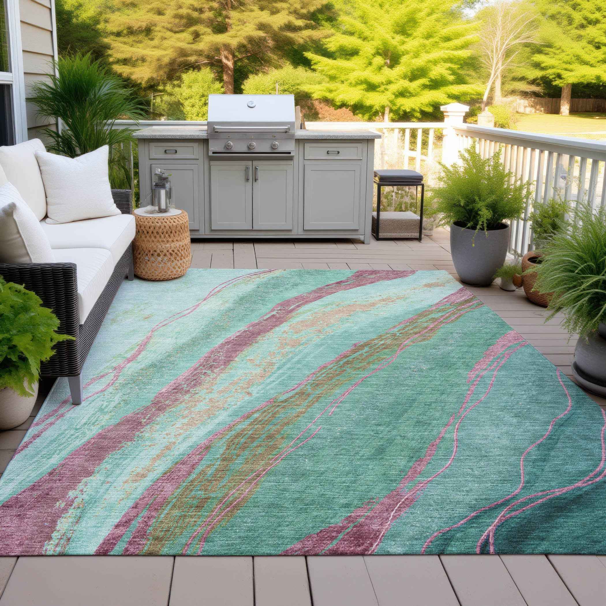 5' X 8' Green Blush And Peach Abstract Washable Indoor Outdoor Area Rug