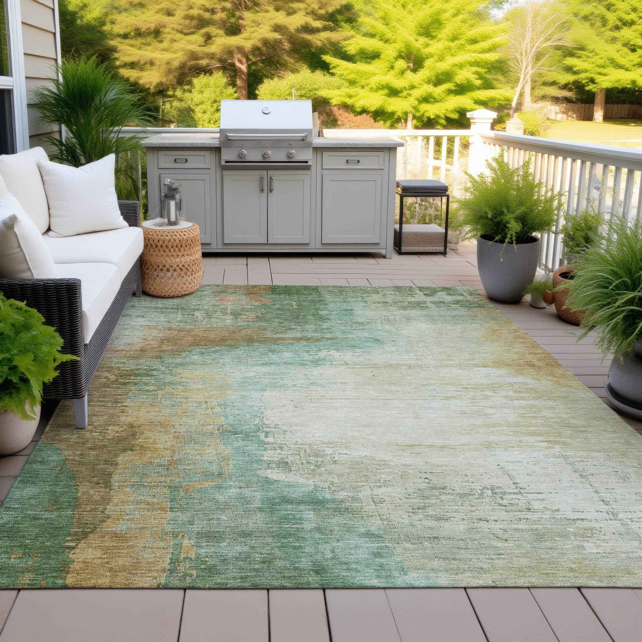 8' X 10' Artichoke Green Brown And Beige Abstract Washable Indoor Outdoor Area Rug