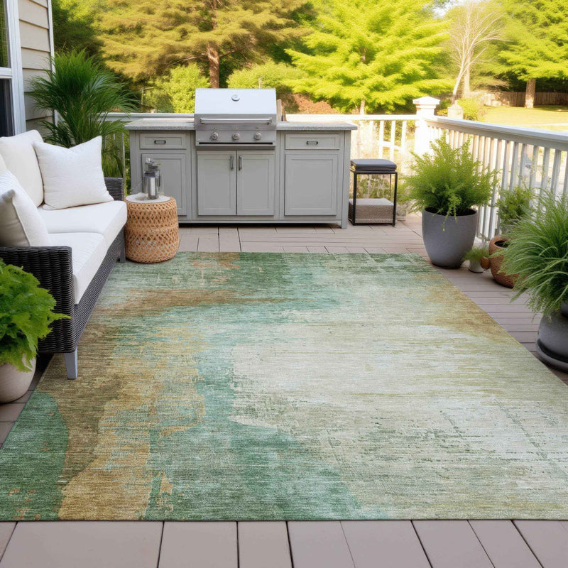 8' X 10' Artichoke Green Brown And Beige Abstract Washable Indoor Outdoor Area Rug