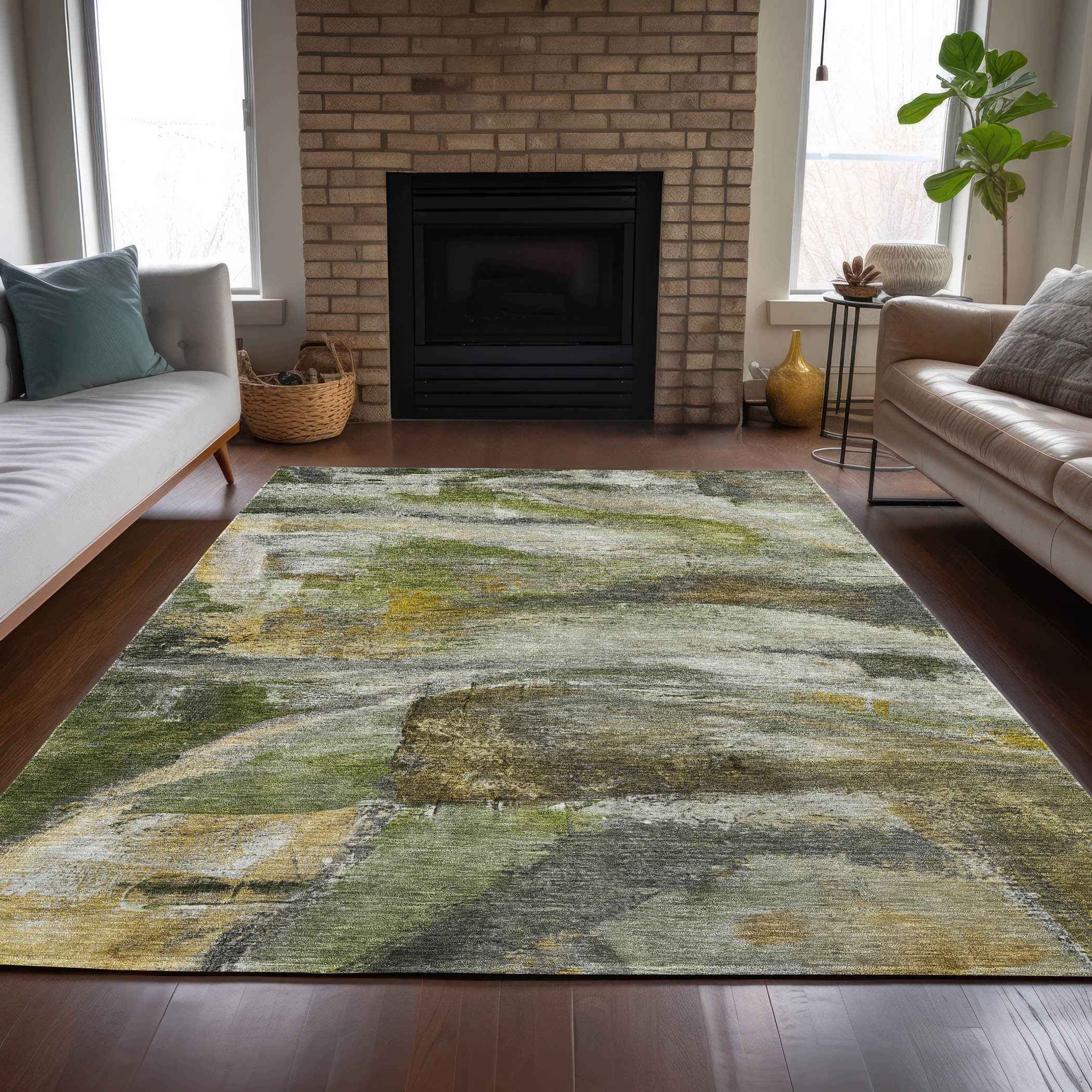 5' X 8' Olive Green Gray And Ivory Abstract Washable Indoor Outdoor Area Rug