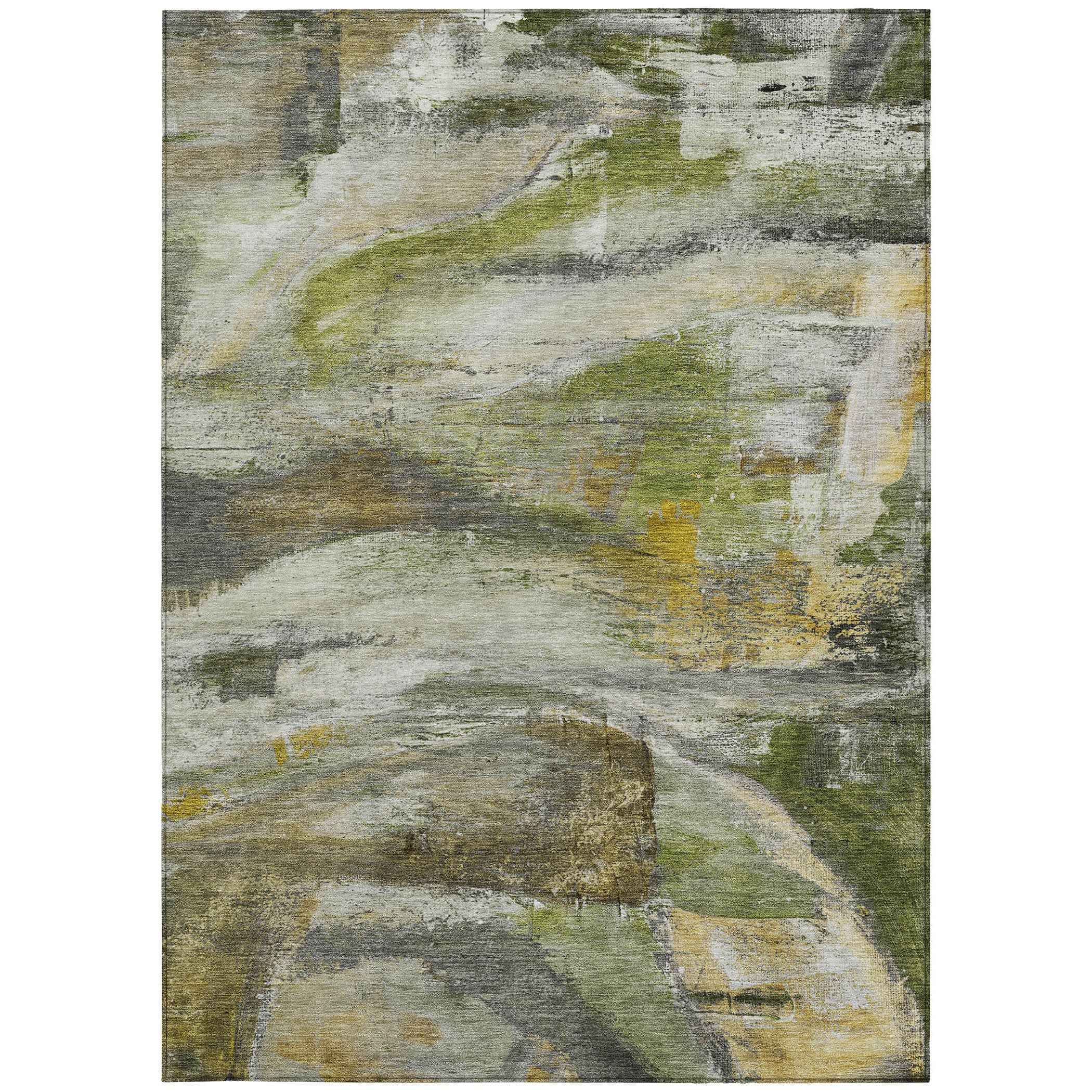 5' X 8' Olive Green Gray And Ivory Abstract Washable Indoor Outdoor Area Rug