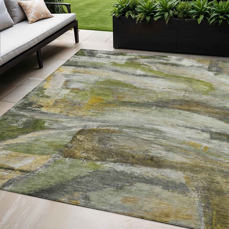 5' X 8' Olive Green Gray And Ivory Abstract Washable Indoor Outdoor Area Rug