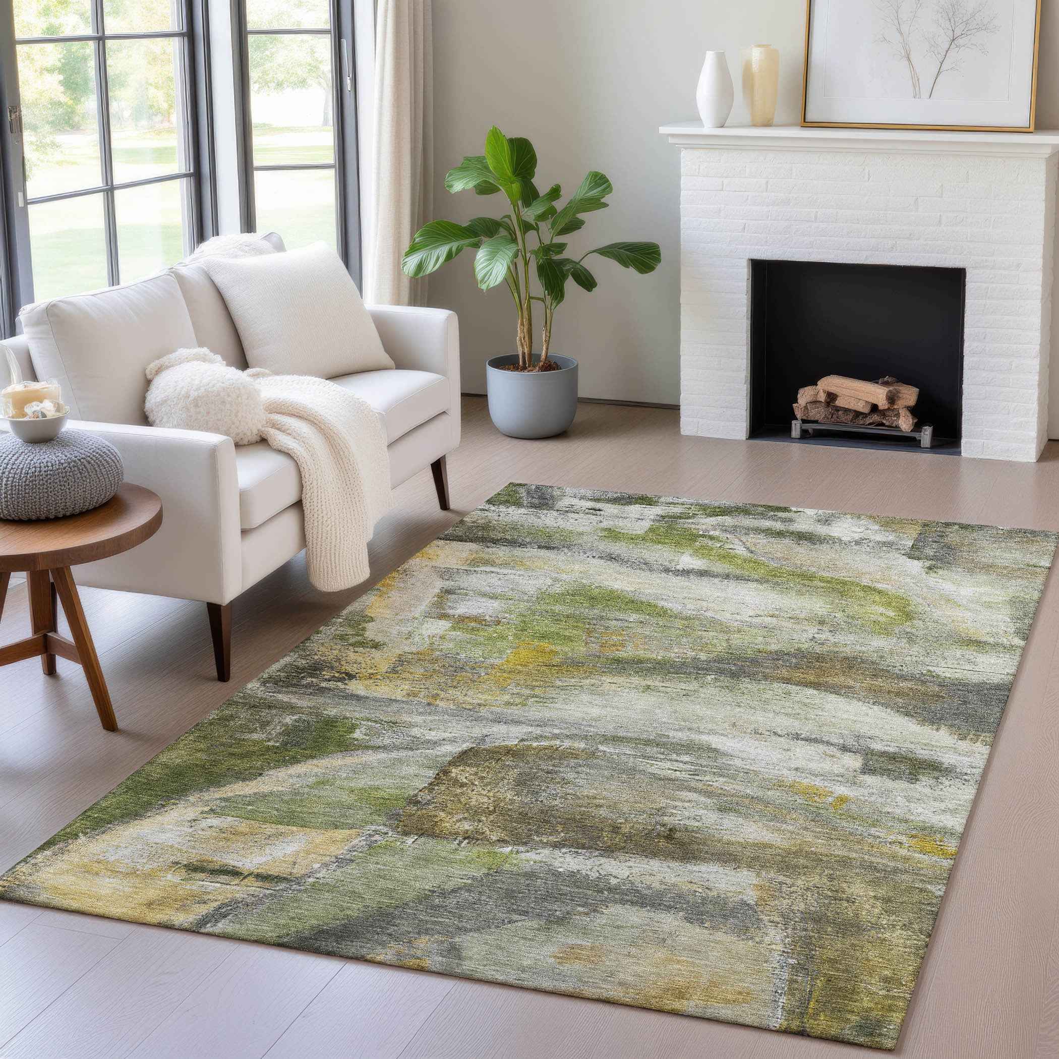 5' X 8' Olive Green Gray And Ivory Abstract Washable Indoor Outdoor Area Rug