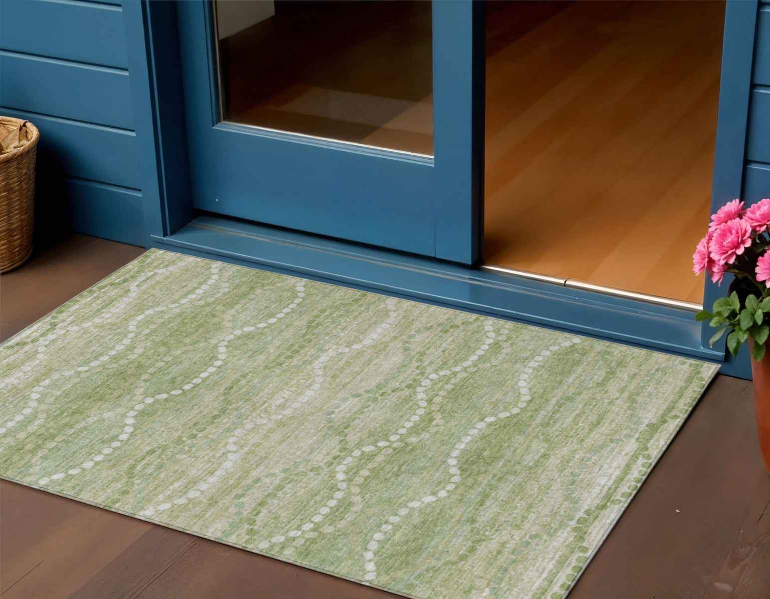 3' X 5' Sage And Ivory Ogee Washable Indoor Outdoor Area Rug