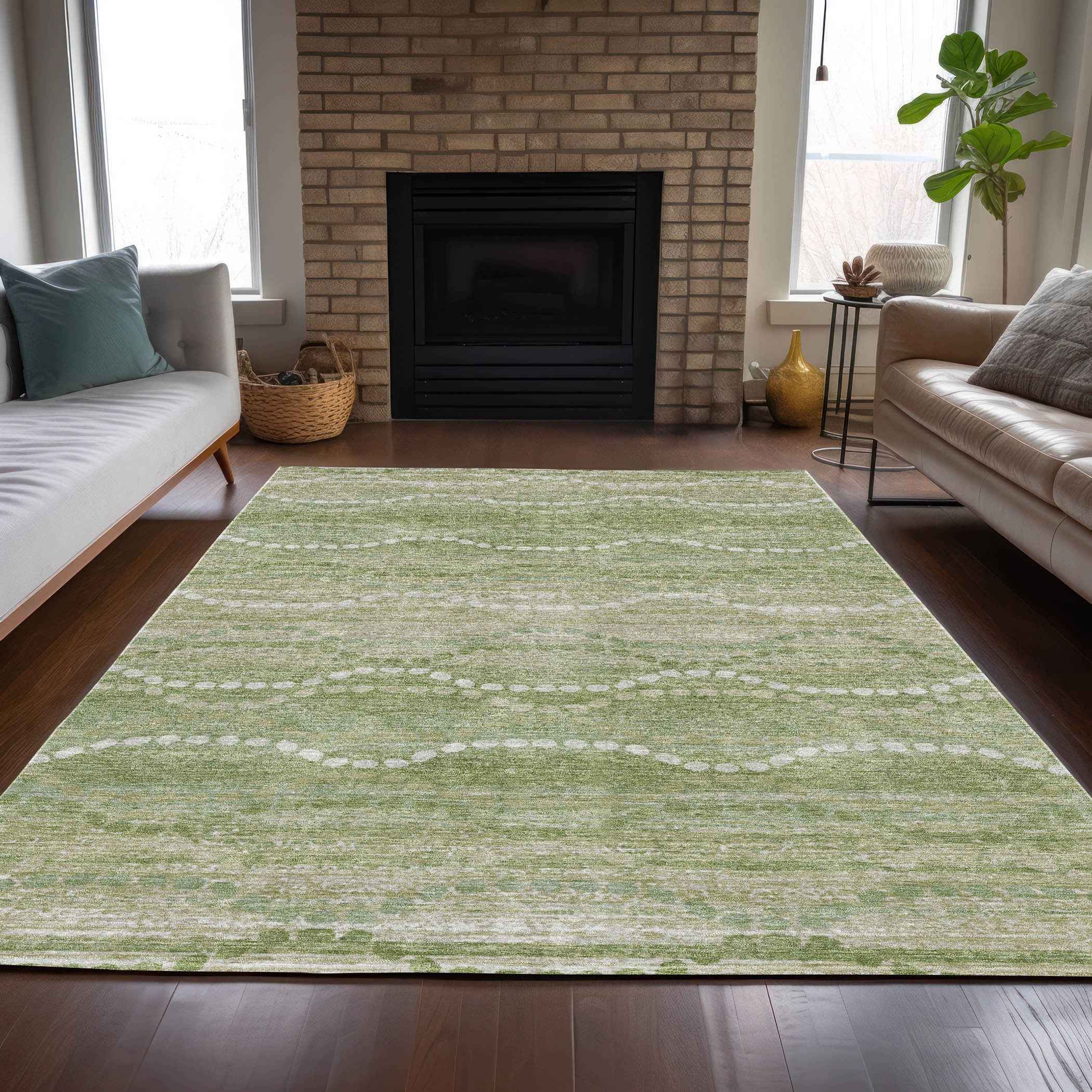 3' X 5' Sage And Ivory Ogee Washable Indoor Outdoor Area Rug
