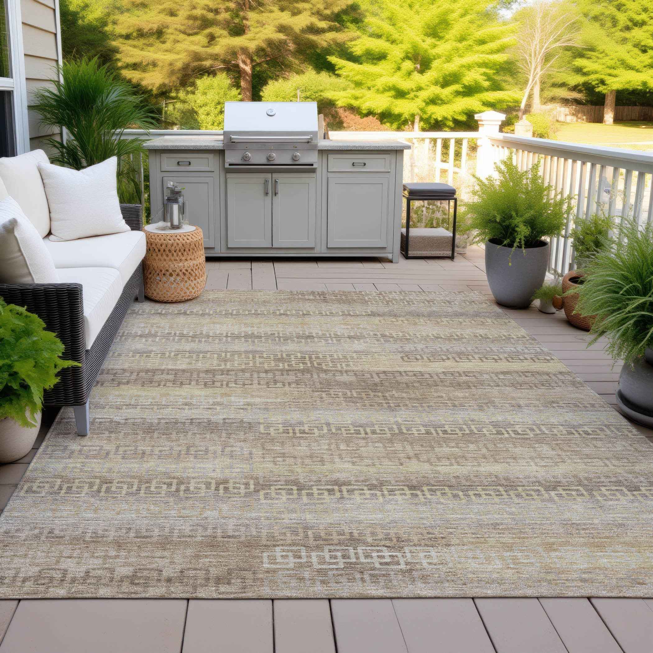 10' X 14' Beige And Wheat Striped Washable Indoor Outdoor Area Rug