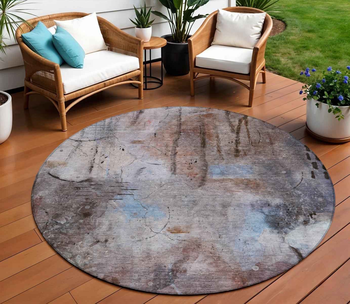 8' Taupe And Brown Round Abstract Washable Indoor Outdoor Area Rug