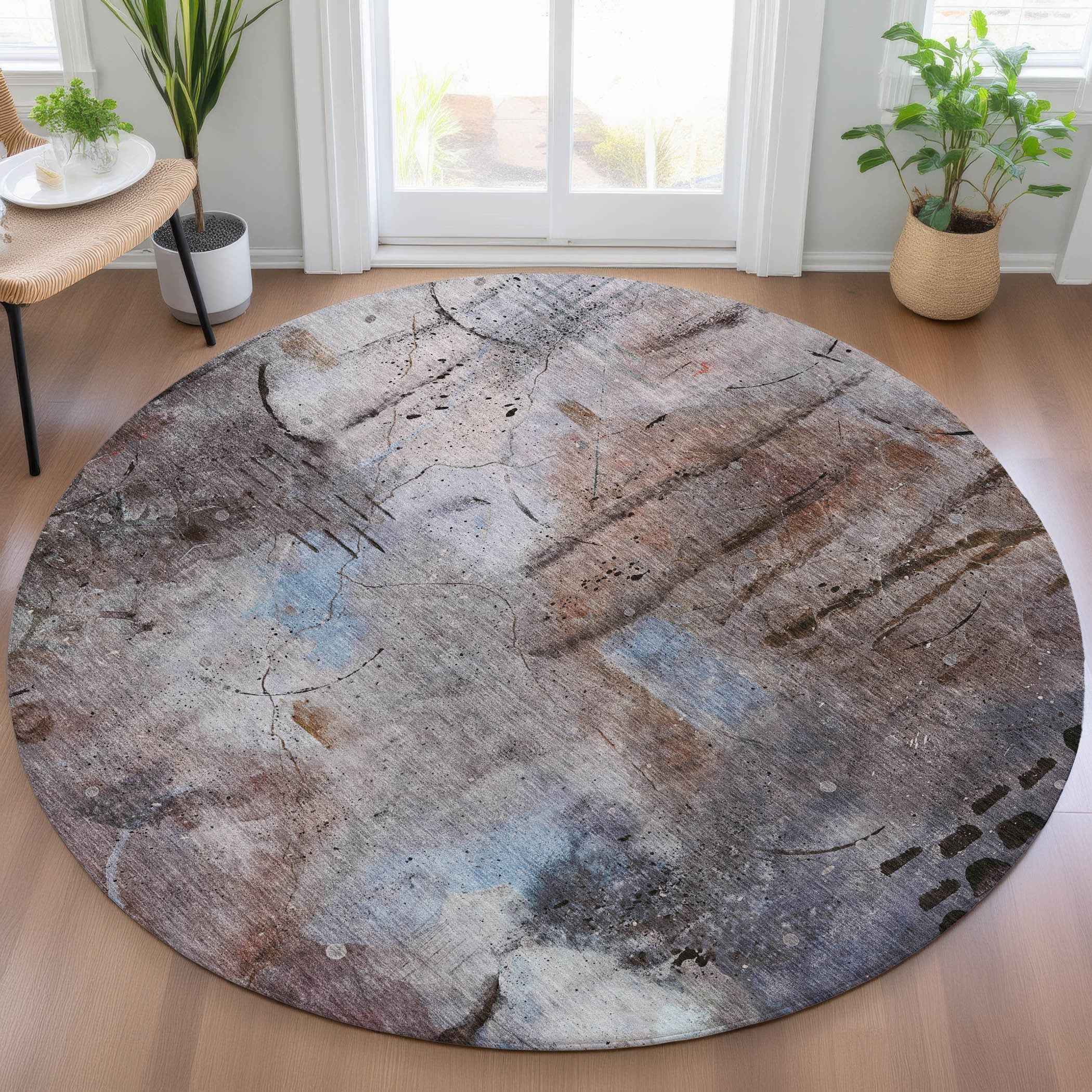 8' Taupe And Brown Round Abstract Washable Indoor Outdoor Area Rug