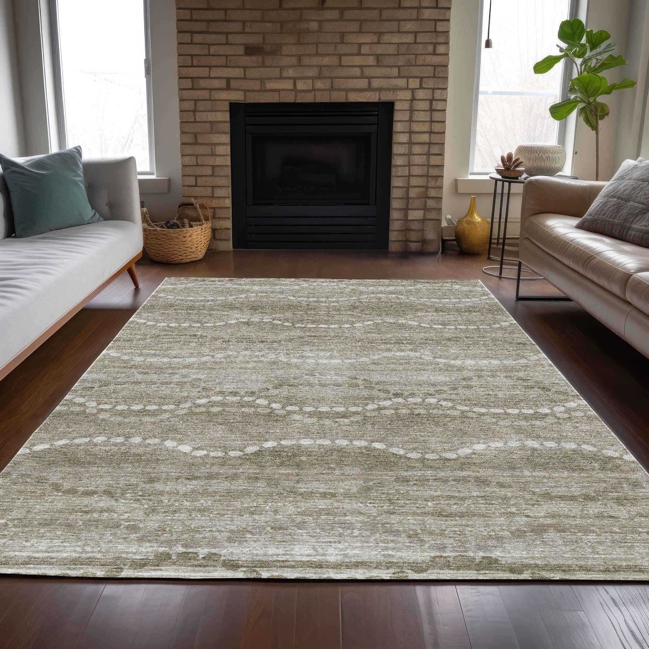 8' X 10' Khaki And Ivory Ogee Washable Indoor Outdoor Area Rug