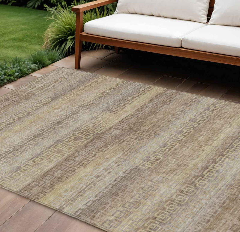 10' X 14' Beige And Wheat Striped Washable Indoor Outdoor Area Rug
