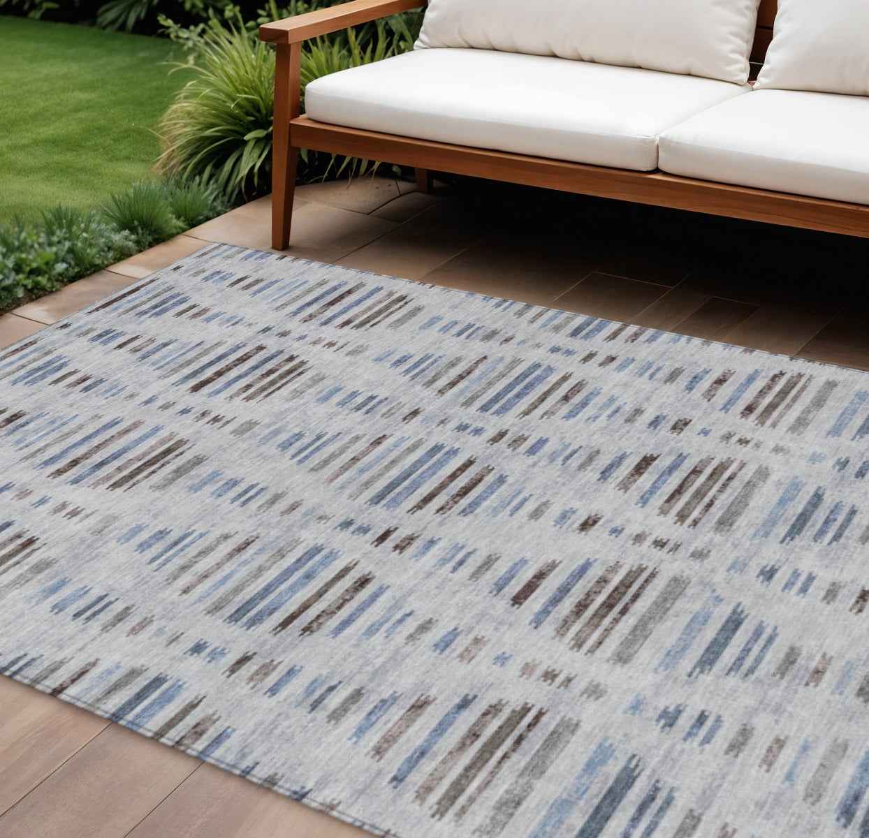 8' X 10' Beige And Denim Blue Striped Washable Indoor Outdoor Area Rug