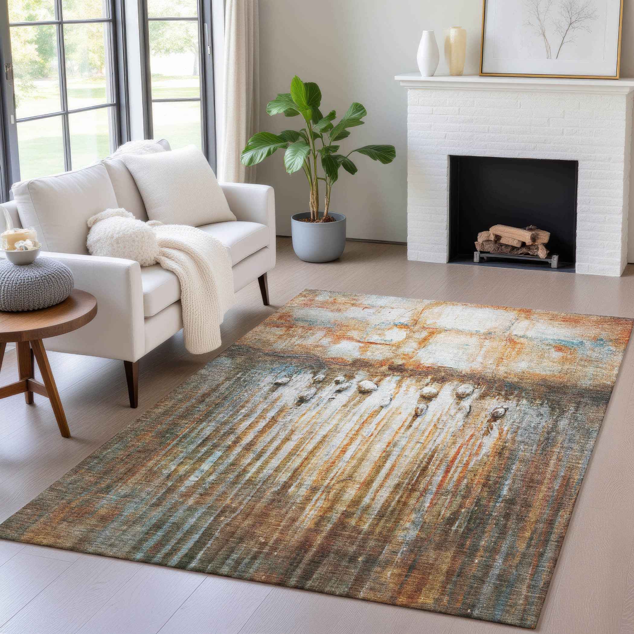 3' X 5' Rust Gray And Blue Abstract Washable Indoor Outdoor Area Rug