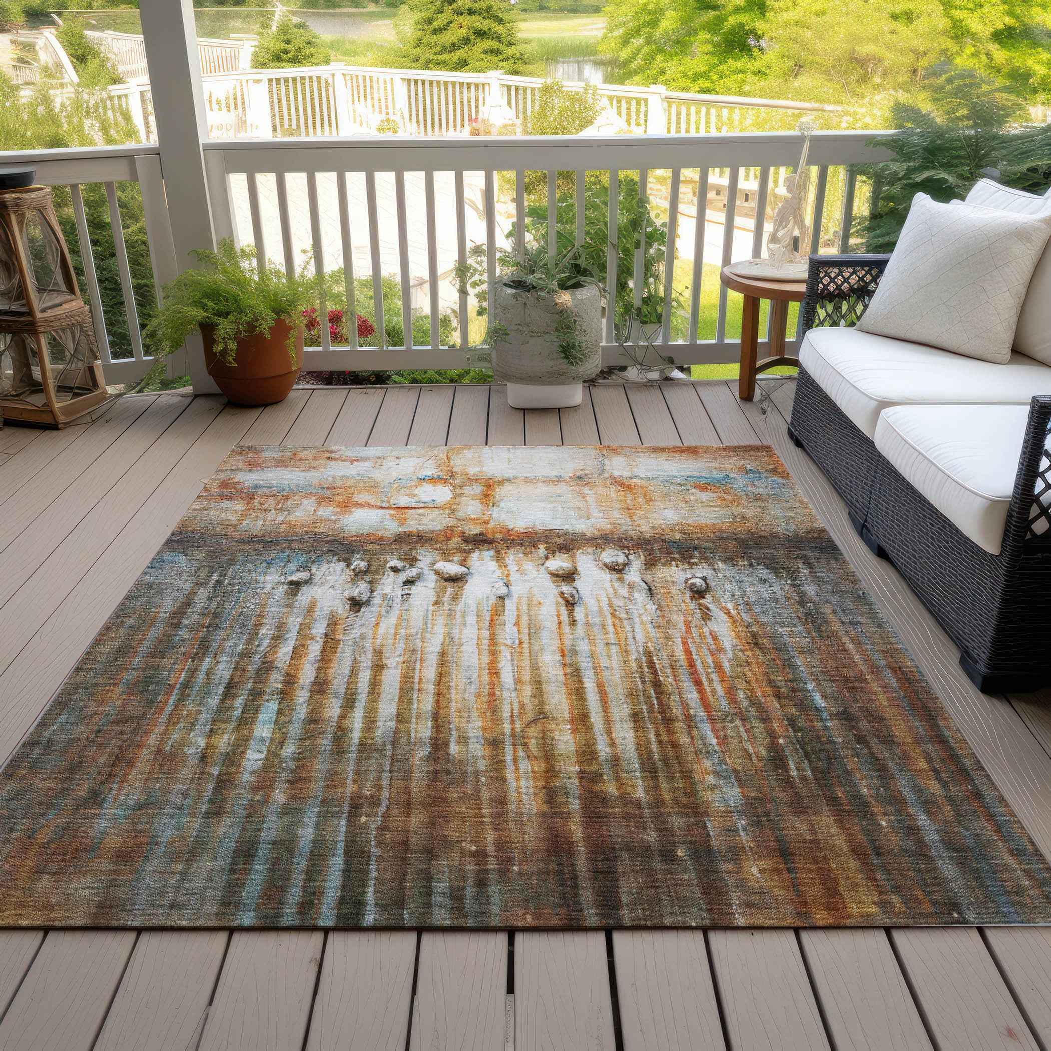 3' X 5' Rust Gray And Blue Abstract Washable Indoor Outdoor Area Rug
