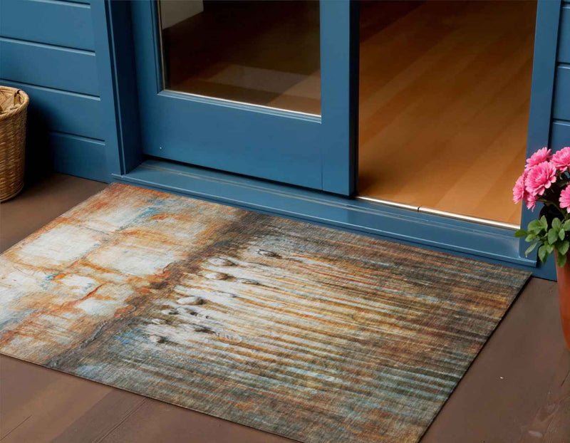 3' X 5' Rust Gray And Blue Abstract Washable Indoor Outdoor Area Rug