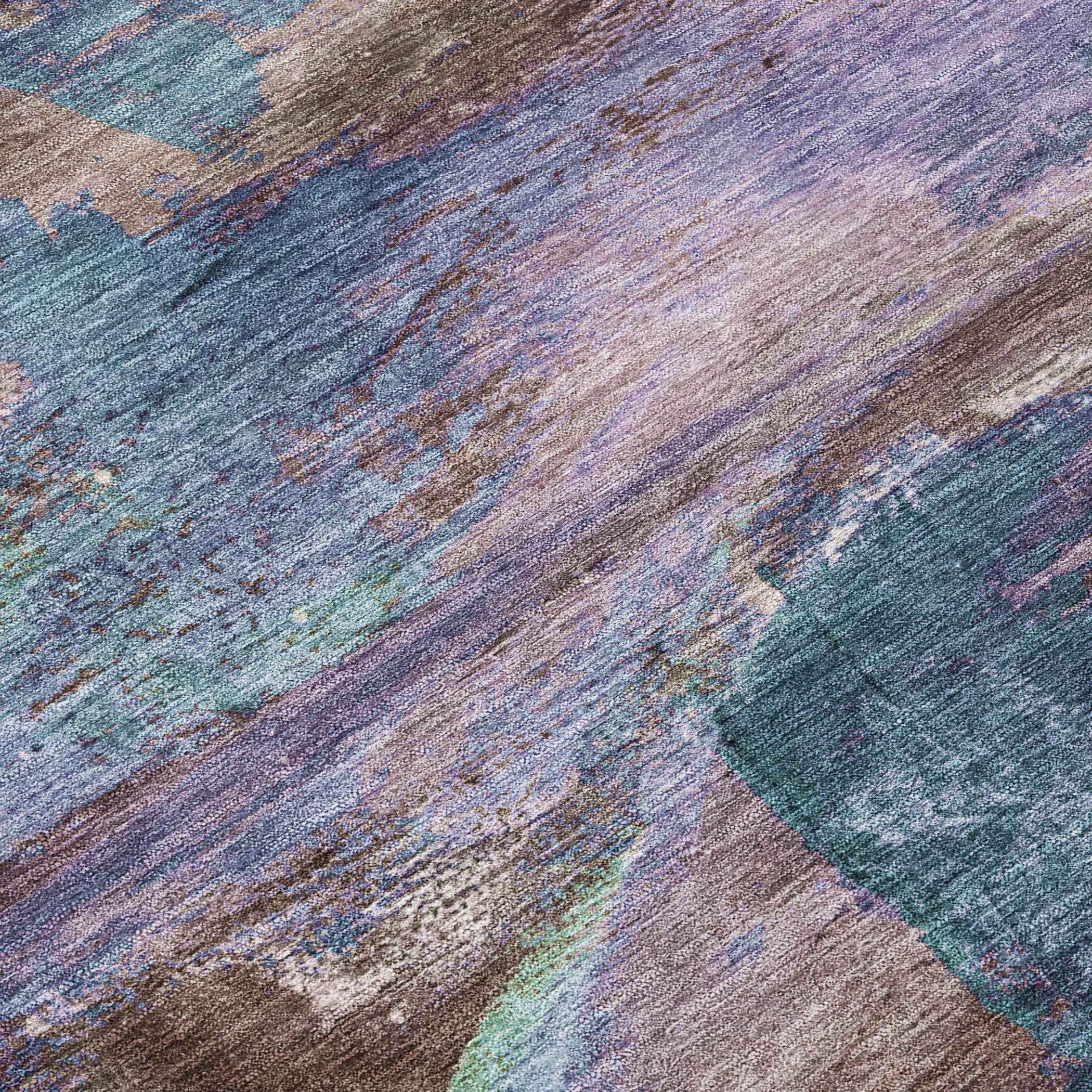8' Brown Purple And Teal Blue Round Abstract Washable Indoor Outdoor Area Rug