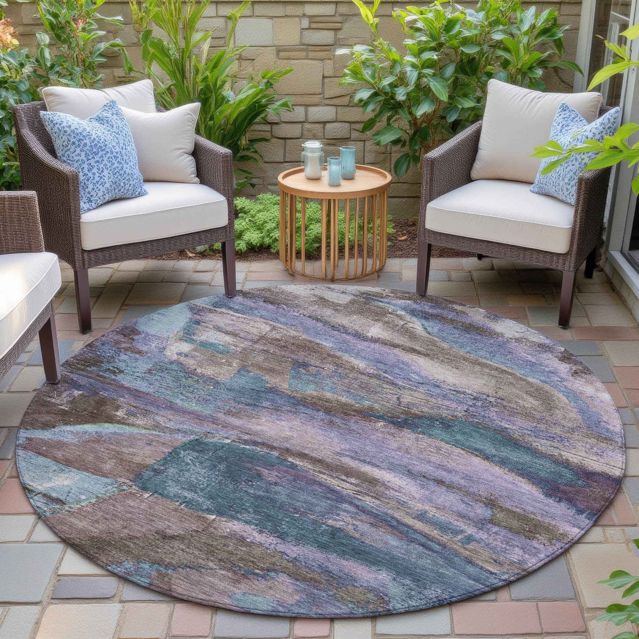 8' Brown Purple And Teal Blue Round Abstract Washable Indoor Outdoor Area Rug