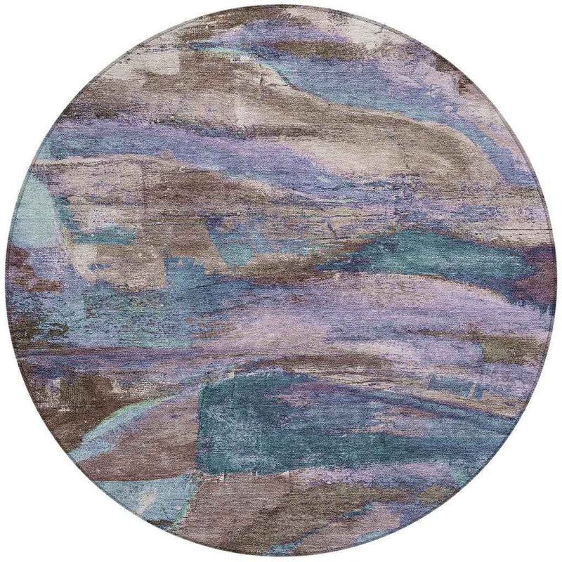 8' Brown Purple And Teal Blue Round Abstract Washable Indoor Outdoor Area Rug