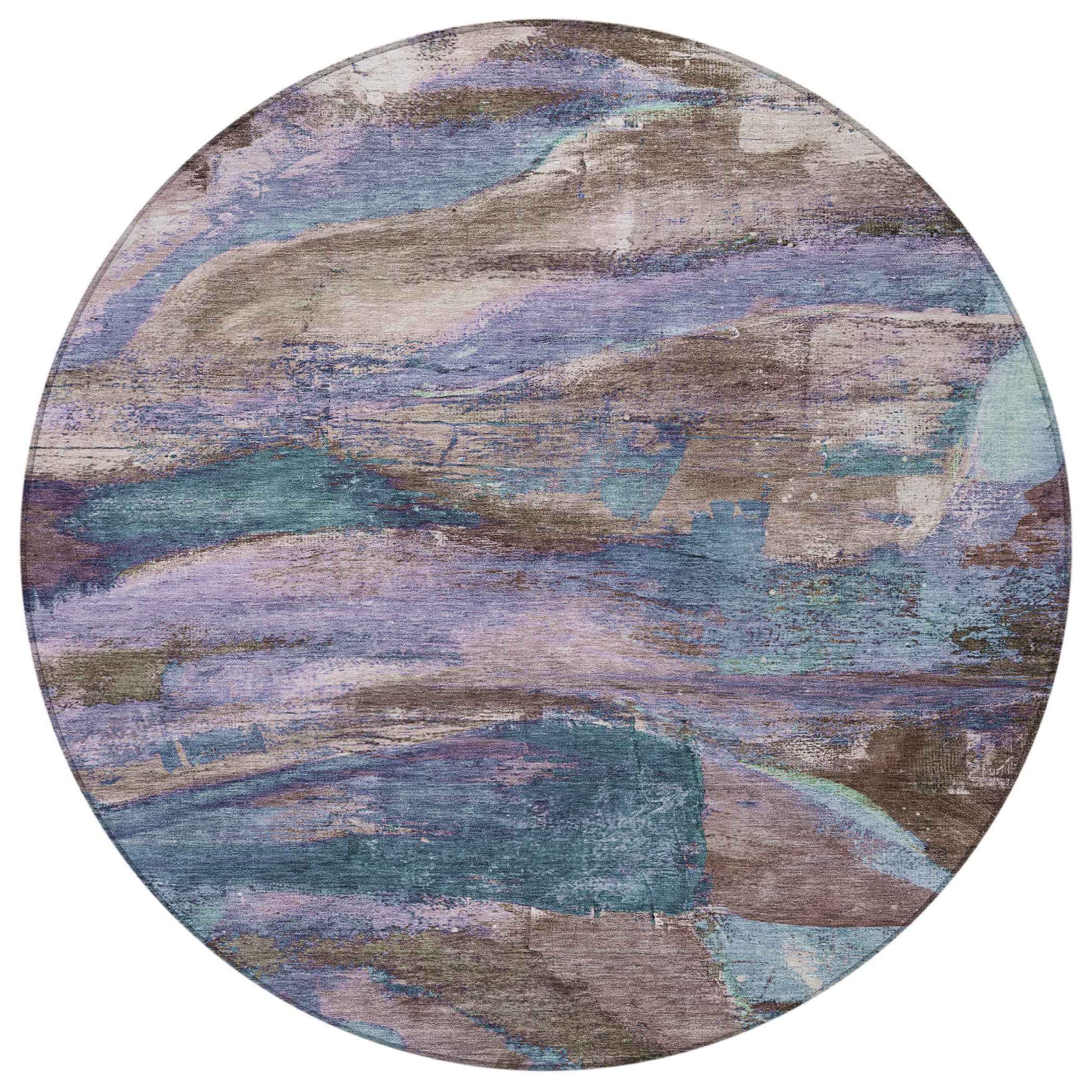 8' Brown Purple And Teal Blue Round Abstract Washable Indoor Outdoor Area Rug