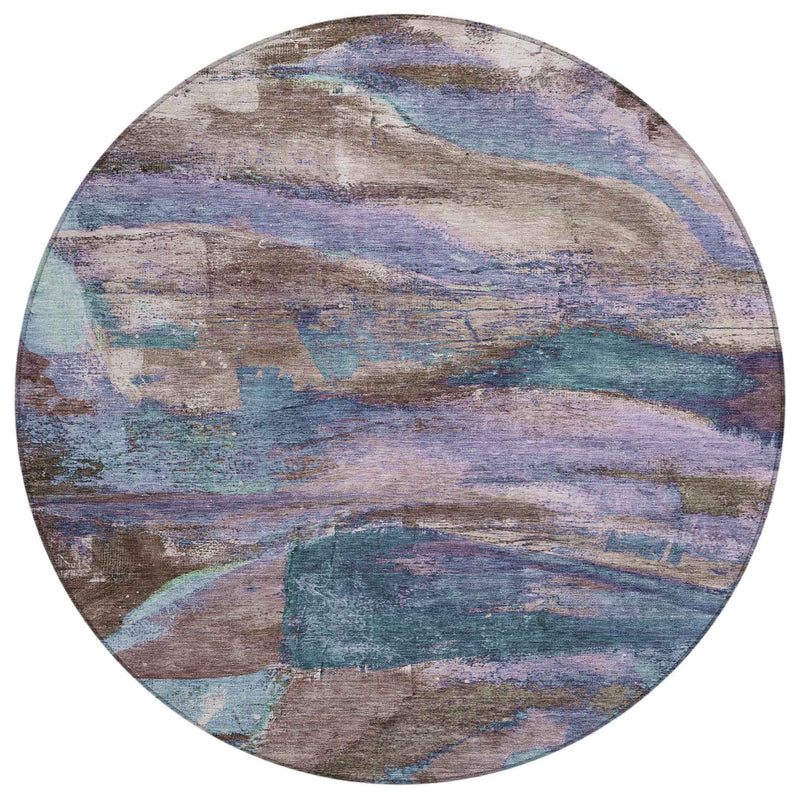 8' Brown Purple And Teal Blue Round Abstract Washable Indoor Outdoor Area Rug
