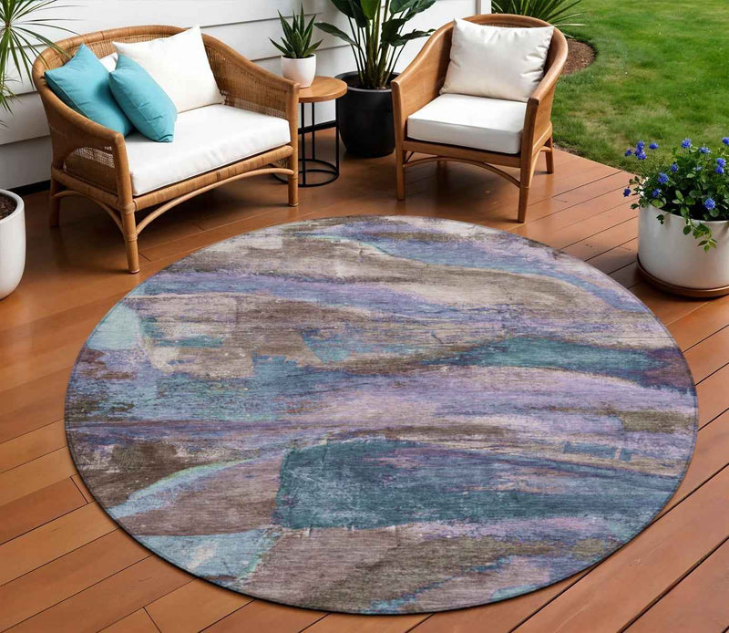 8' Brown Purple And Teal Blue Round Abstract Washable Indoor Outdoor Area Rug