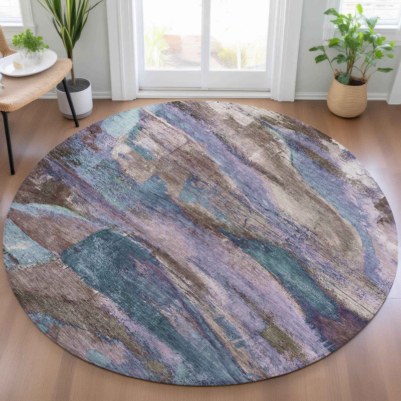 8' Brown Purple And Teal Blue Round Abstract Washable Indoor Outdoor Area Rug