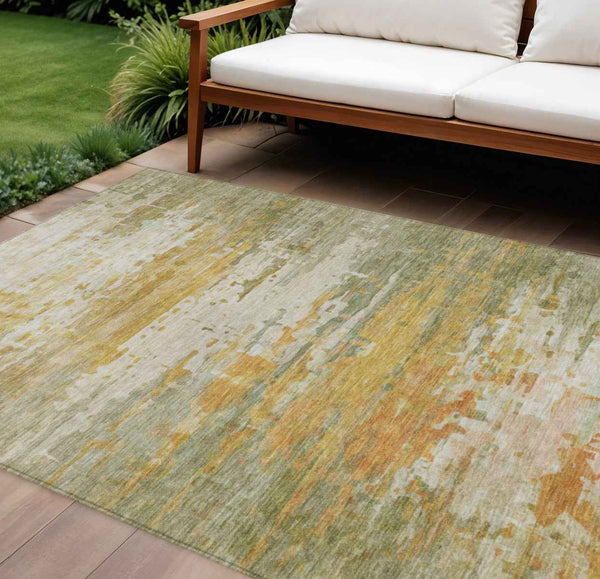 10' X 14' Artichoke Green And Gold Abstract Washable Indoor Outdoor Area Rug