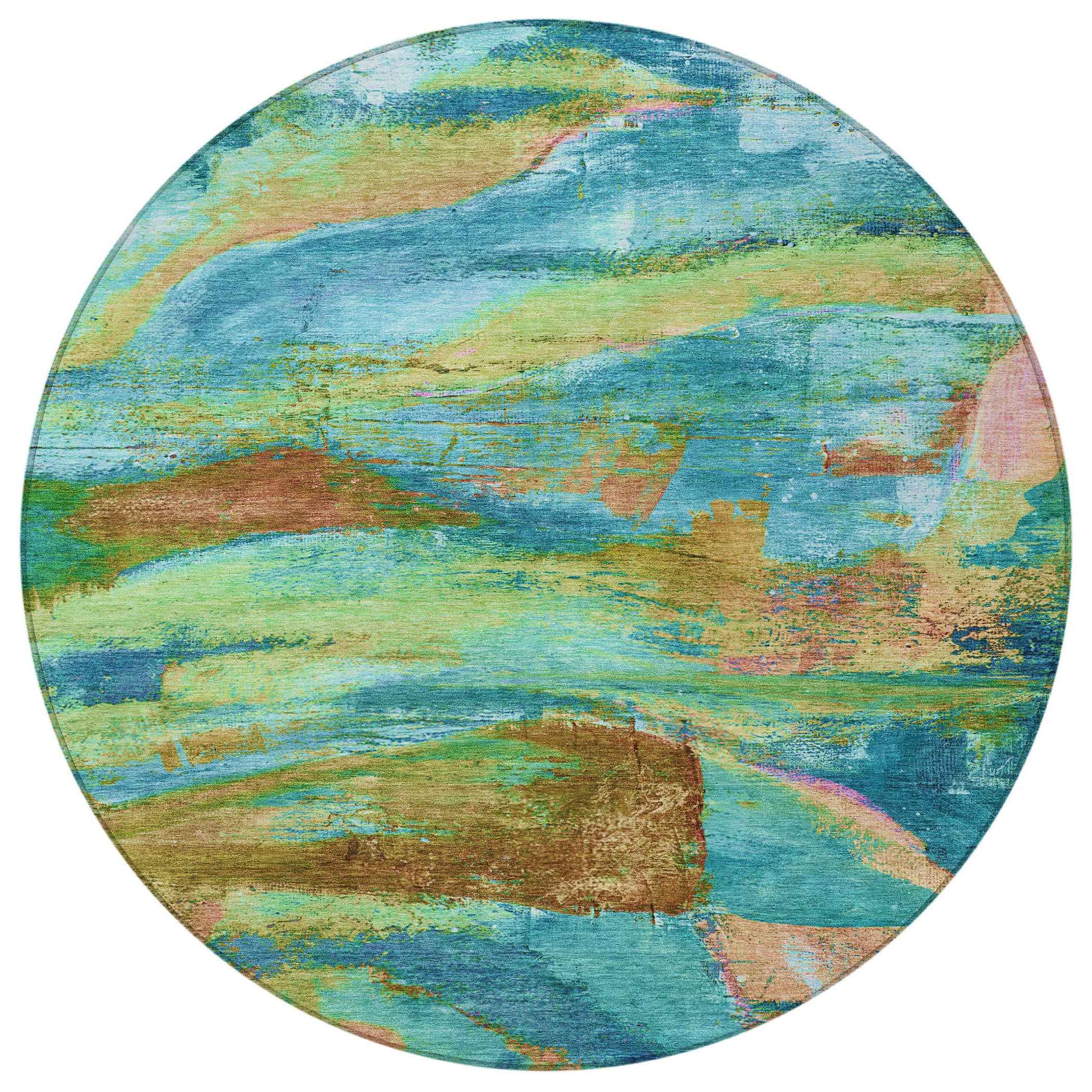 8' Teal Blue Lime Green And Blush Round Abstract Washable Indoor Outdoor Area Rug