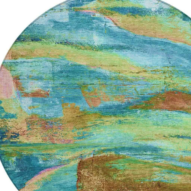 8' Teal Blue Lime Green And Blush Round Abstract Washable Indoor Outdoor Area Rug