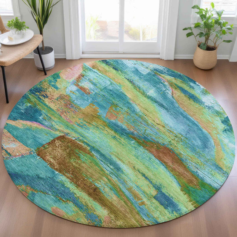 8' Teal Blue Lime Green And Blush Round Abstract Washable Indoor Outdoor Area Rug