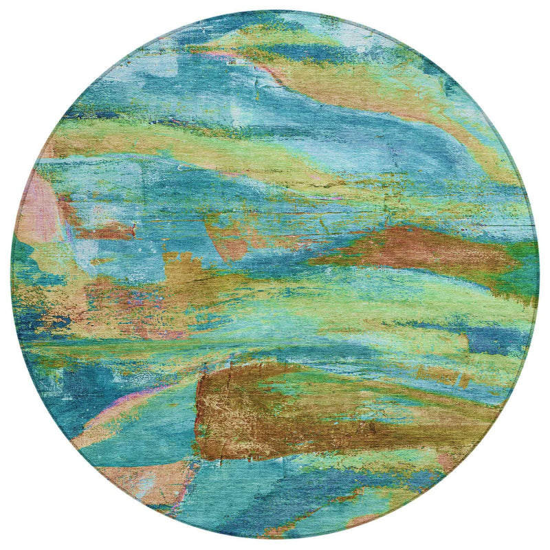 8' Teal Blue Lime Green And Blush Round Abstract Washable Indoor Outdoor Area Rug