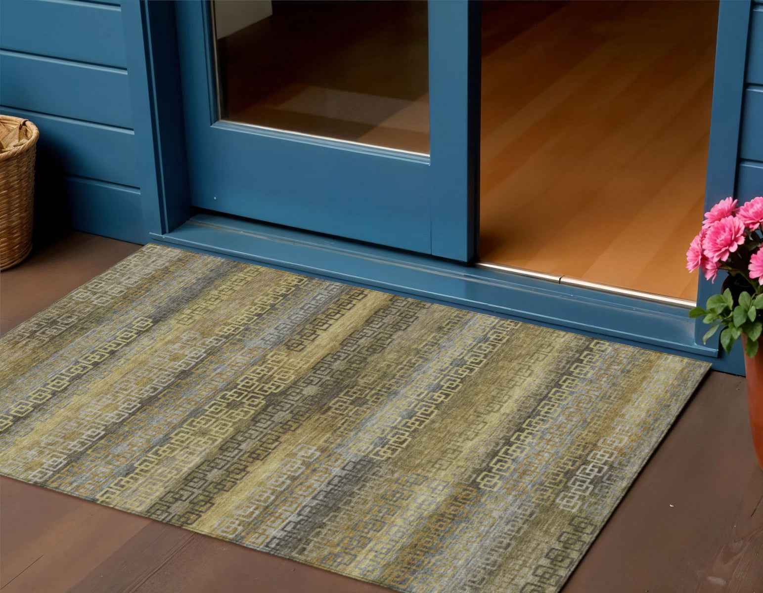 3' X 5' Wheat And Brown Striped Washable Indoor Outdoor Area Rug