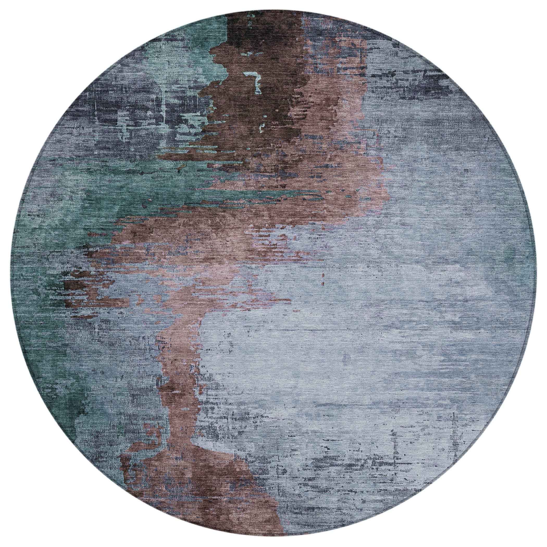 8' Blue Brown And Mauve Round Abstract Washable Indoor Outdoor Area Rug
