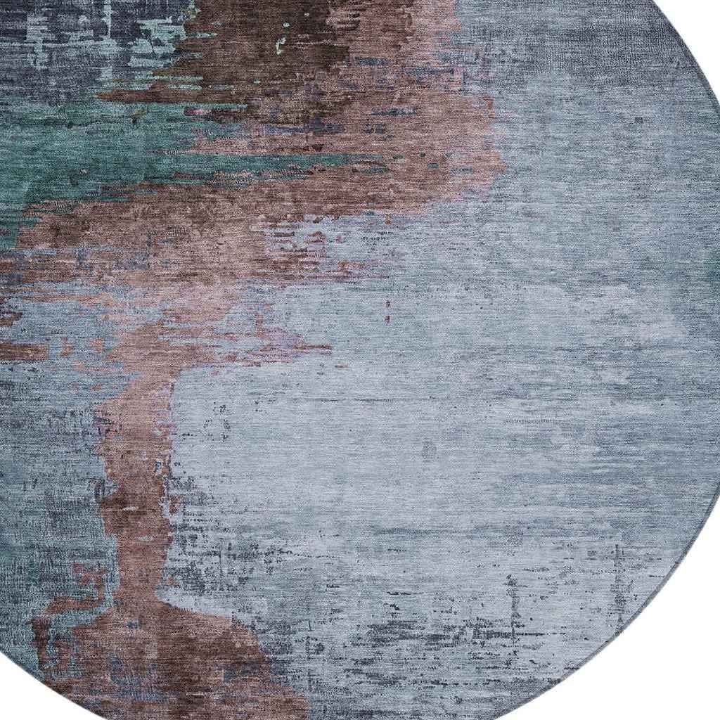 8' Blue Brown And Mauve Round Abstract Washable Indoor Outdoor Area Rug