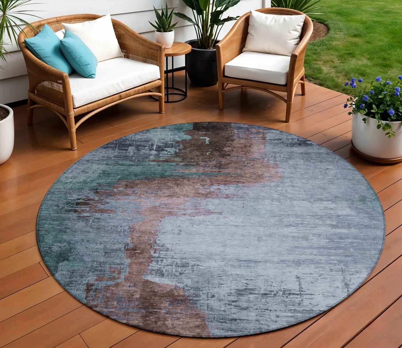 8' Blue Brown And Mauve Round Abstract Washable Indoor Outdoor Area Rug