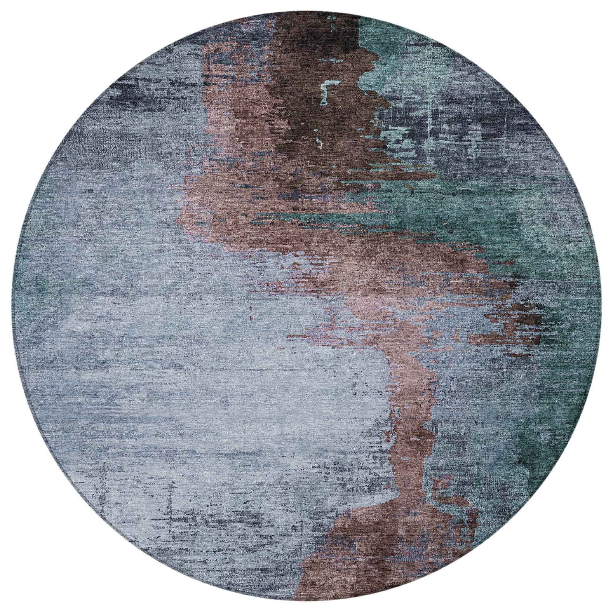 8' Blue Brown And Mauve Round Abstract Washable Indoor Outdoor Area Rug