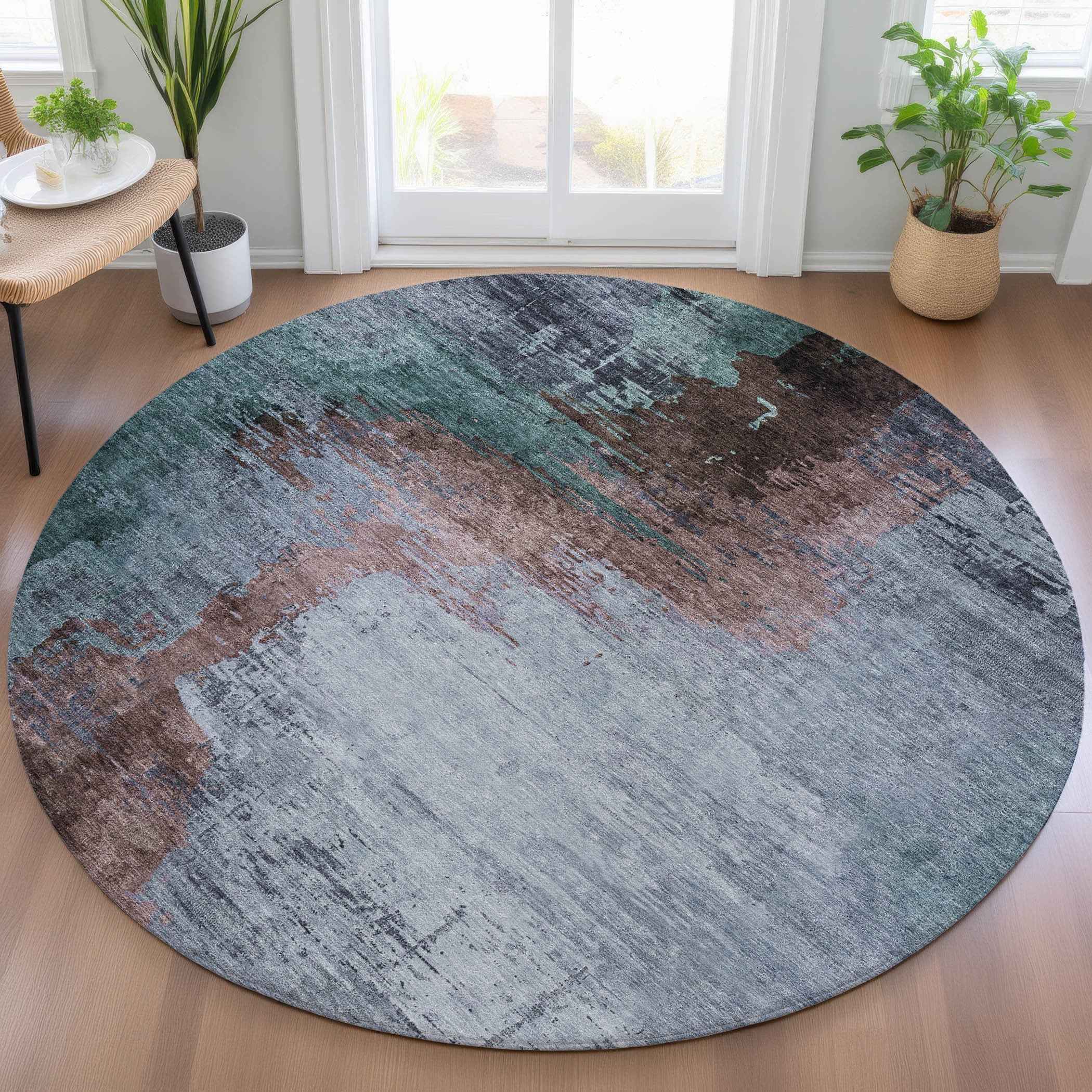 8' Blue Brown And Mauve Round Abstract Washable Indoor Outdoor Area Rug