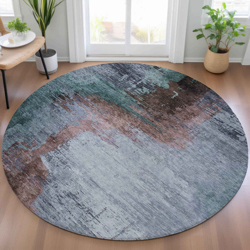8' Blue Brown And Mauve Round Abstract Washable Indoor Outdoor Area Rug