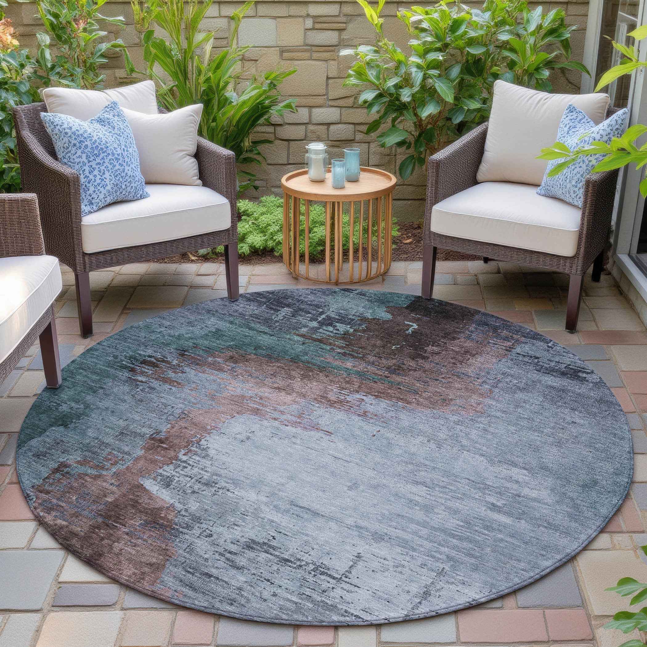 8' Blue Brown And Mauve Round Abstract Washable Indoor Outdoor Area Rug