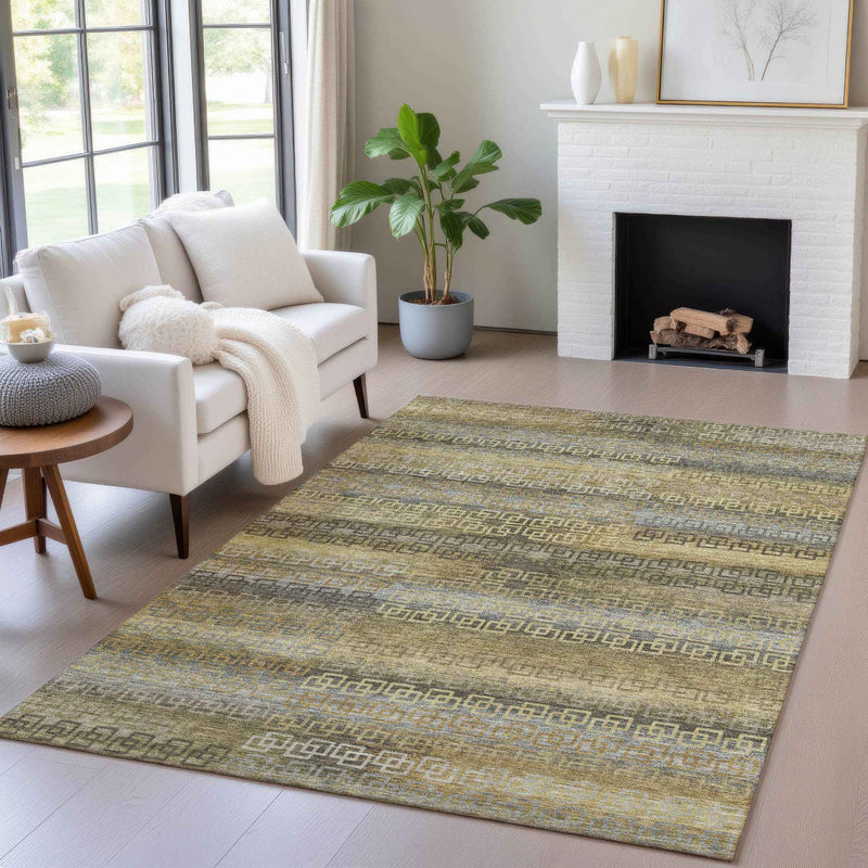 3' X 5' Wheat And Brown Striped Washable Indoor Outdoor Area Rug