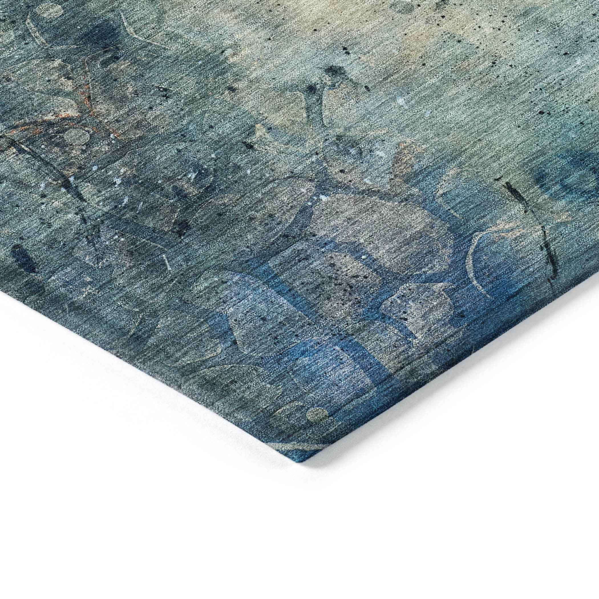 8' X 10' Teal Blue And Gold Abstract Washable Indoor Outdoor Area Rug