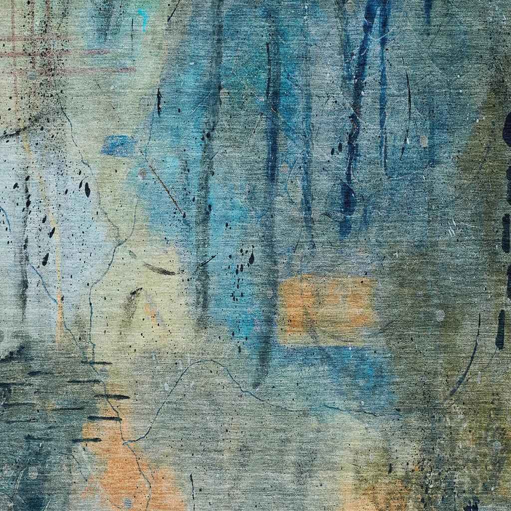 8' X 10' Teal Blue And Gold Abstract Washable Indoor Outdoor Area Rug